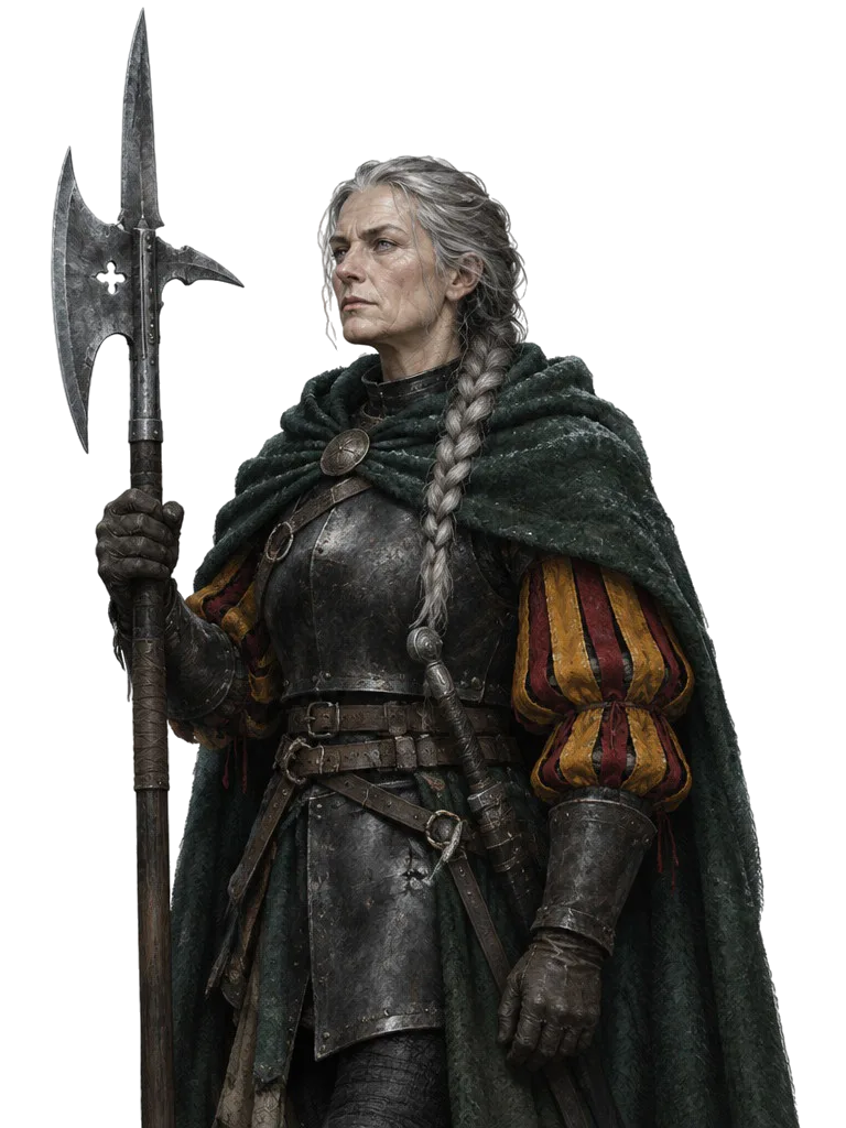Kapten Odile Varr, perempuan tua berkepang kelabu, jubah hijau pinus di atas zirah hitam, memegang halberd tegak.